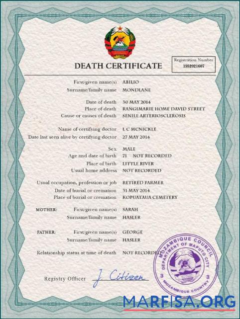 Downloadable Mozambique vital record death certificate PSD template